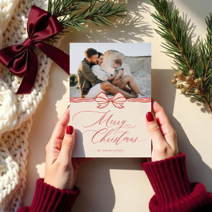 Merry Christmas Script Elegant Bow & Ribbon Photo Holiday Card