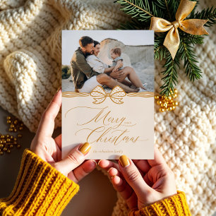 Merry Christmas Script Elegant Bow & Ribbon Photo Holiday Card