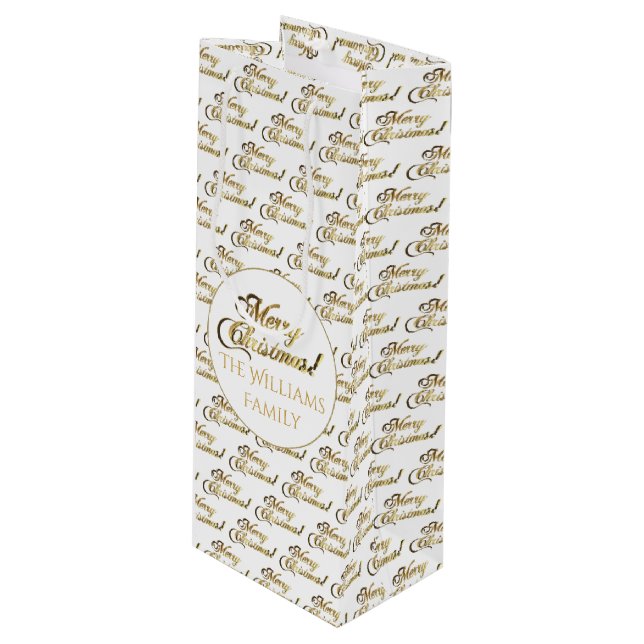 Merry Christmas Script Elegant White and Gold Wine Gift Bag (Front Angled)
