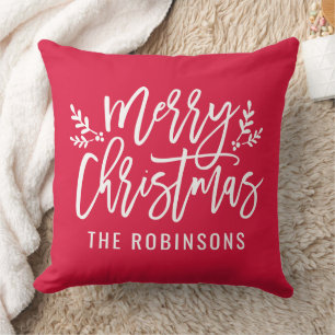 Merry Christmas Script Family Name Red Cushion