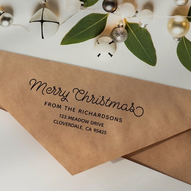 Merry Christmas Script Family Name Return Address Rubber Stamp (Merry Christmas family name script type retro return address)