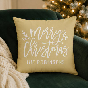 Merry Christmas Script Family Name Tan Gold Cushion