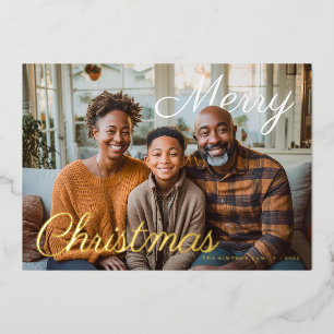 Merry Christmas Script Family Photo Foil Holiday Card