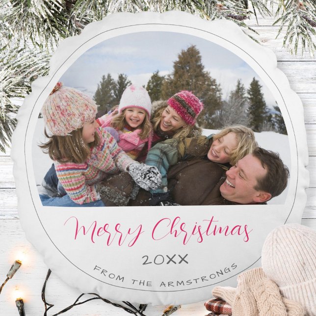 Merry Christmas Script Family Photo Keepsake Round Cushion (Merry Christmas Script Family Photo Keepsake Round Pillow ©Susanne Sachers - Sunny Mind 🌞)