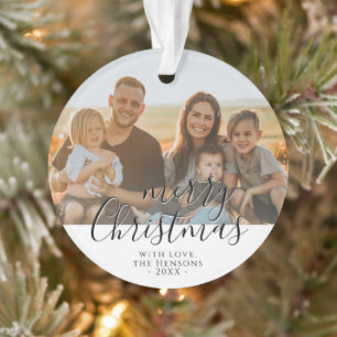 Merry Christmas Script Family Photo  Ornament