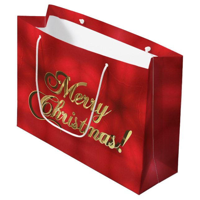 Merry Christmas Script Faux Gold Foil Elegant Red Large Gift Bag (Front Angled)
