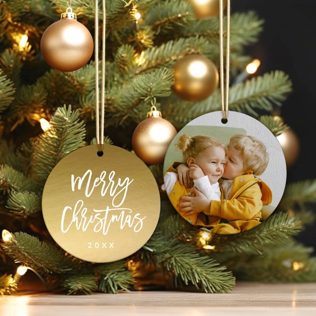 Merry Christmas Script Faux Gold Foil Photo Ceramic Tree Decoration (Creator Uploaded)
