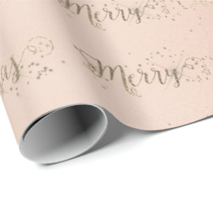Merry Christmas Script Faux Gold Pastel Pink Rose Wrapping Paper