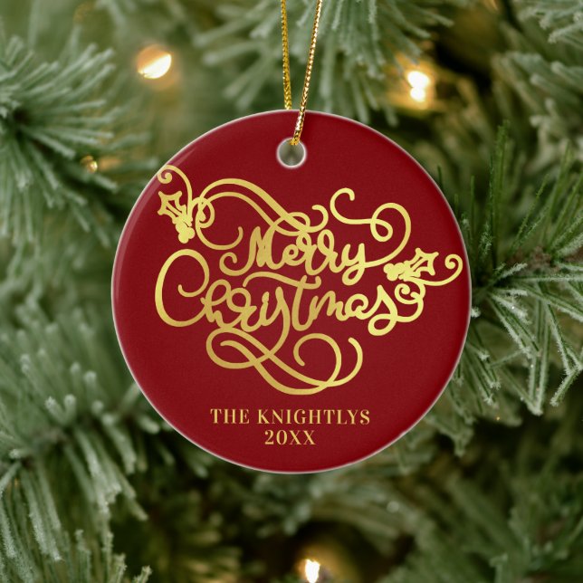 Merry Christmas Script Faux Gold Your Colour Ceramic Tree Decoration (Tree)