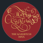 Merry Christmas Script Faux Gold Your Colour Classic Round Sticker<br><div class="desc">Elegant personalised Christmas sticker with a MERRY CHRISTMAS greeting in an elegant and modern calligraphy script typography in faux metallic gold against your choice of background colour (shown in red). ASSISTANCE: For help with design modification or personalisation, colour change, transferring the design to another product or if you would like...</div>