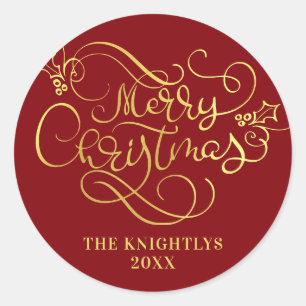 Merry Christmas Script Faux Gold Your Colour Classic Round Sticker