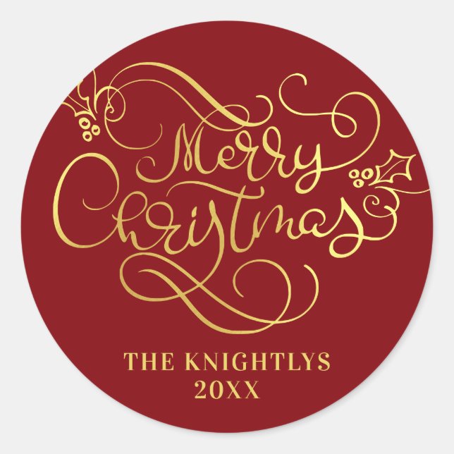 Merry Christmas Script Faux Gold Your Colour Classic Round Sticker (Front)