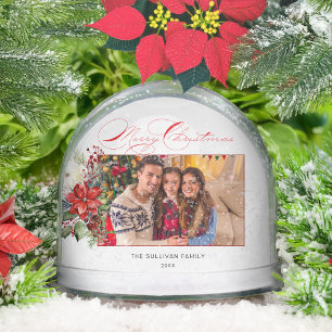 Merry Christmas Script Floral Photo Snow Globe