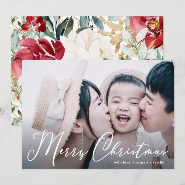 Merry Christmas Script Floral Print Photo Card (Front/Back)