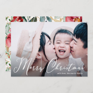 Merry Christmas Script Floral Print Photo Card