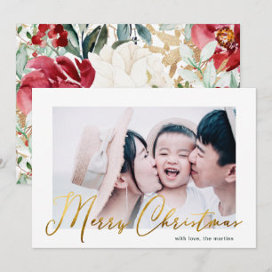 Merry Christmas Script Floral Print Photo Card