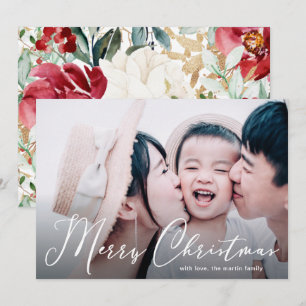 Merry Christmas Script Floral Print Photo Card