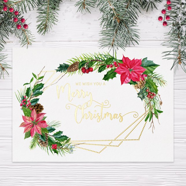 Merry Christmas Script Floral w/Gold Beaded Frame Foil Holiday Card (Creator Uploaded)