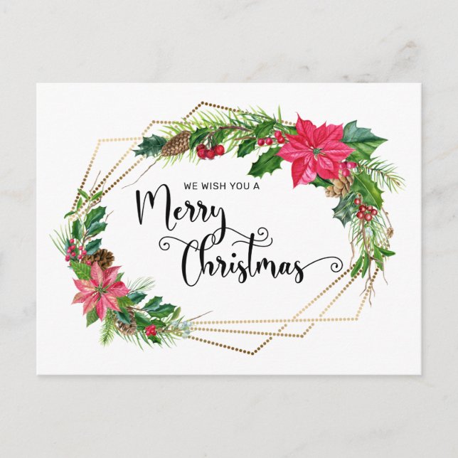 Merry Christmas Script Floral w/Gold Beaded Frame Holiday Postcard (Front)