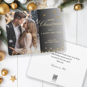 Merry Christmas! Script Font, Black-Gold Photo  Holiday Card