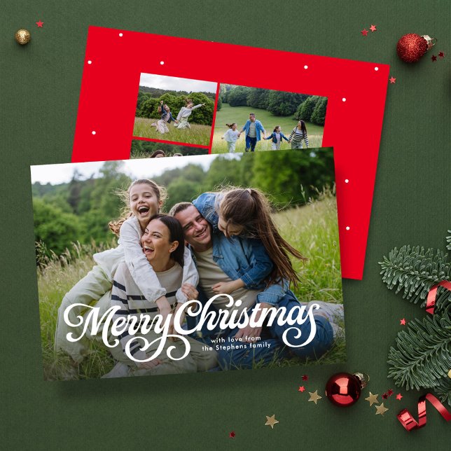 Merry Christmas script four photo Holiday Card (Creator Uploaded)