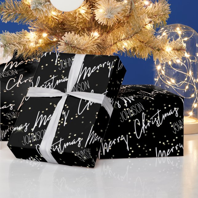 Merry Christmas Script From Name Black White Gold  Wrapping Paper (Holidays)
