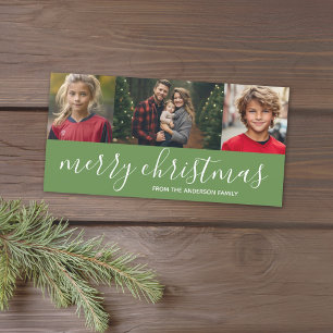 Merry Christmas Script Green - 3 photos Holiday Card