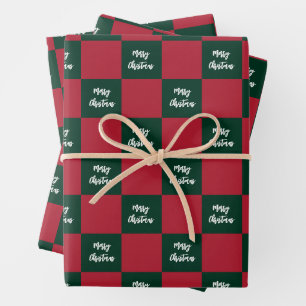 Merry Christmas Script Green and Red Checkerboard Wrapping Paper Sheet