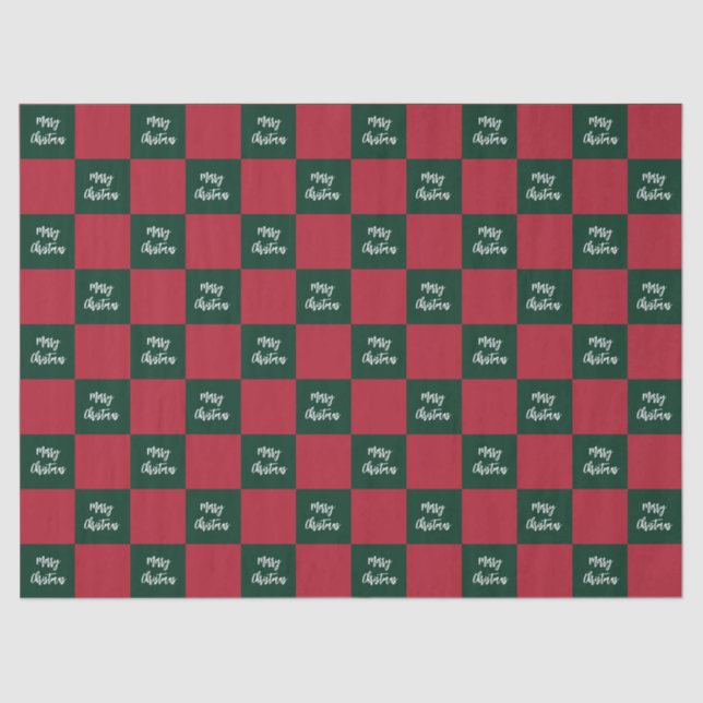 Merry Christmas Script Green and Red Chequerboard Tissue Paper (Front)