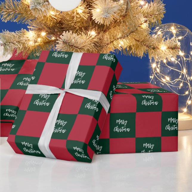 Merry Christmas Script Green and Red Chequerboard Wrapping Paper (Holidays)