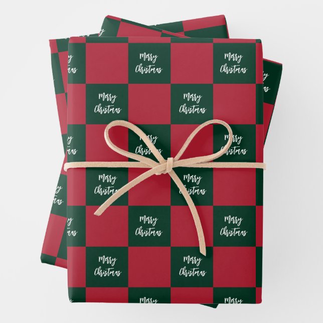Merry Christmas Script Green and Red Chequerboard Wrapping Paper Sheet (In situ)