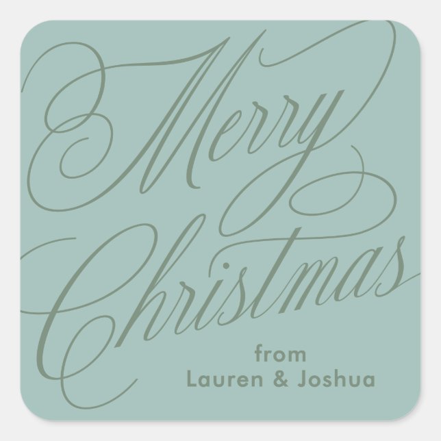 Merry Christmas script green blue gift sticker (Front)