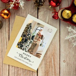 Merry Christmas Script Green Plaid Tartan Photo Holiday Card