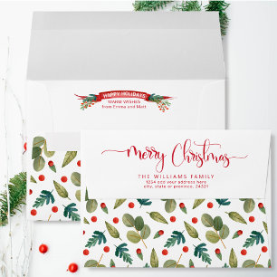 Merry Christmas Script Greenery and Holly, Holiday Envelope