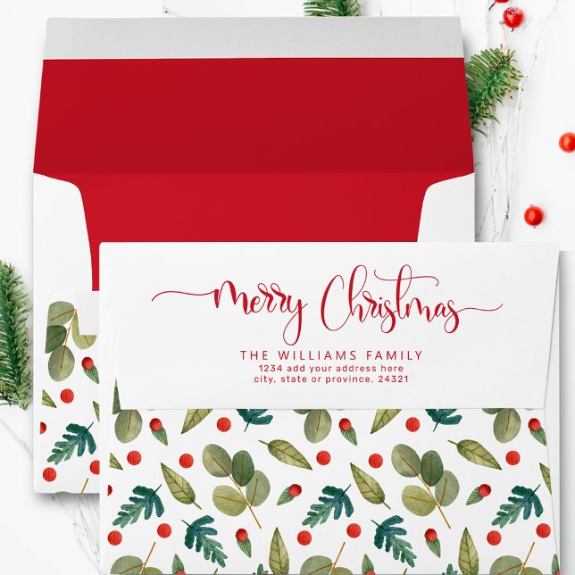 Merry Christmas Script Greenery and Red, Holiday Envelope (Creator Uploaded)