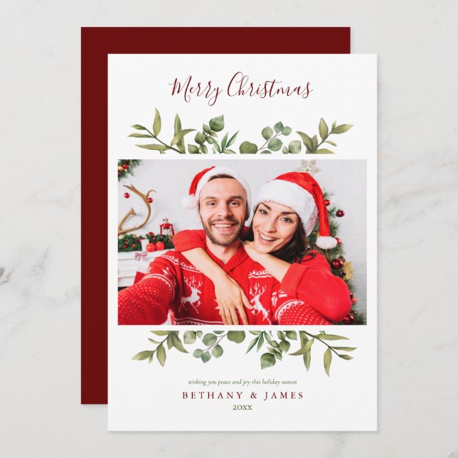 Merry Christmas Script Greenery Couples Photo Holiday Card (Front/Back)