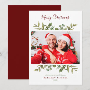 Merry Christmas Script Greenery Couples Photo Holiday Card