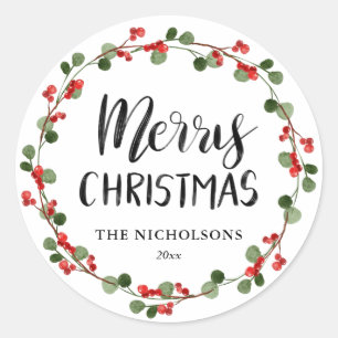 Merry Christmas Script Holiday Berry Wreath Classic Round Sticker