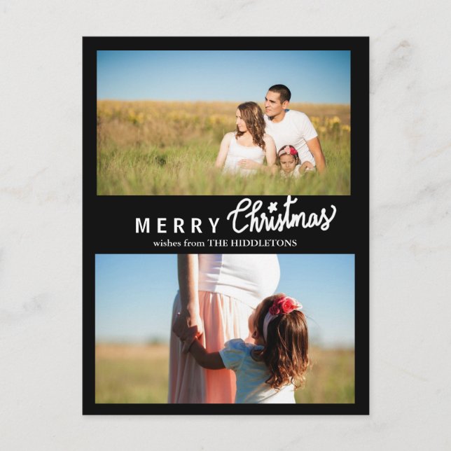 Merry Christmas Script Holiday Black Two Photo Postcard (Front)