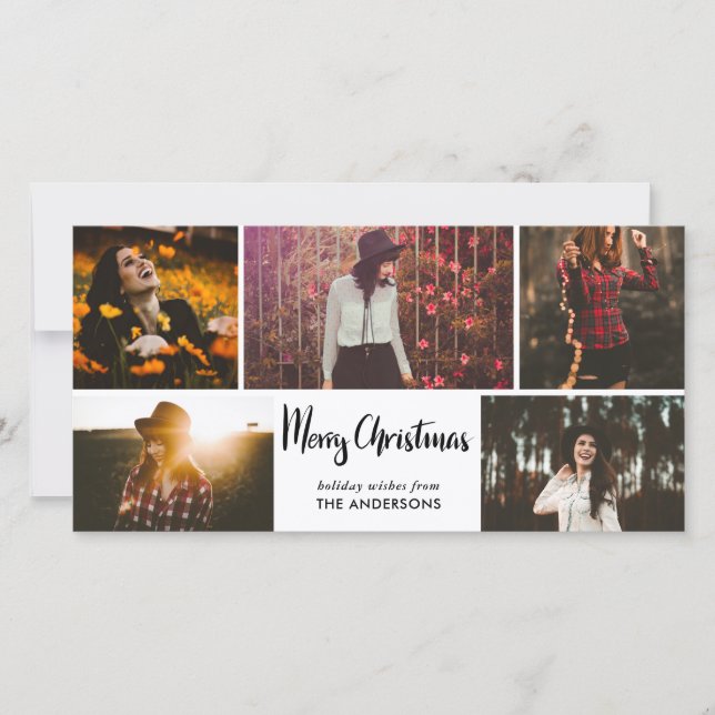 Merry Christmas Script Holiday Five Photo Collage Card (Front)