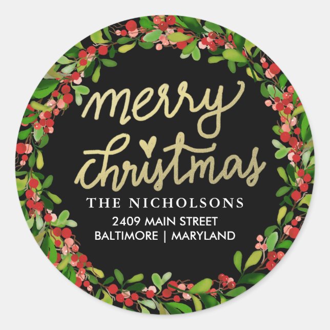 Merry Christmas Script | Holiday Return Address Classic Round Sticker (Front)