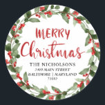 Merry Christmas Script Holiday Wreath Address Classic Round Sticker<br><div class="desc">Merry Christmas Script Holiday Wreath Address</div>