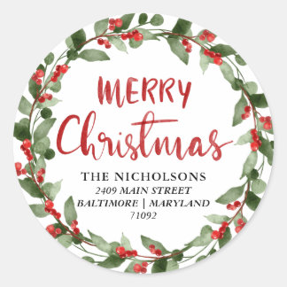 Merry Christmas Script Holiday Wreath Address Classic Round Sticker