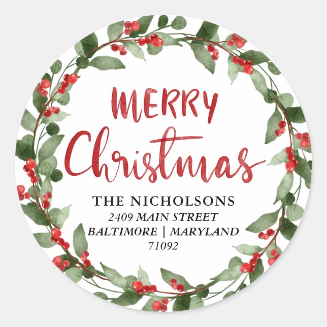 Merry Christmas Script Holiday Wreath Address Classic Round Sticker (Front)