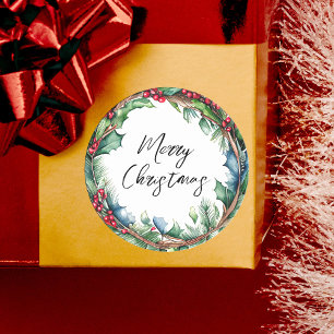 Merry Christmas Script Holiday Wreath Classic Round Sticker