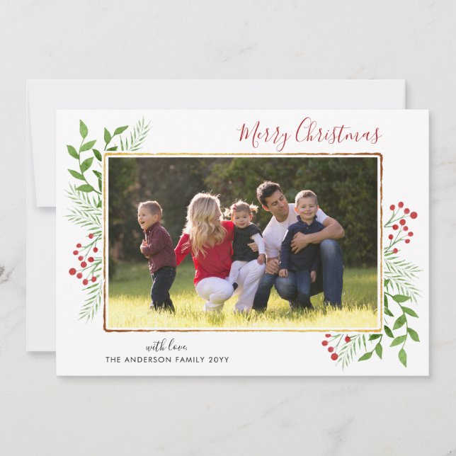 Merry Christmas Script Leaves Berries Gold Photo Holiday Card (Front)