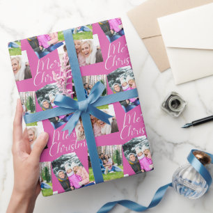 Merry Christmas Script Modern 3 Photo Personalised Wrapping Paper