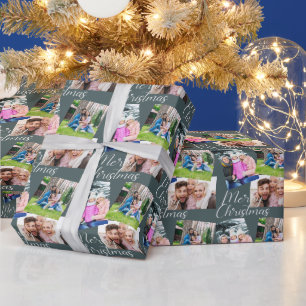 Merry Christmas Script Modern 3 Photo Personalised Wrapping Paper