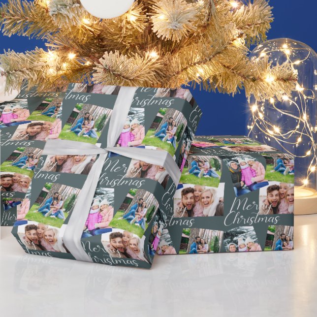 Merry Christmas Script Modern 3 Photo Personalised Wrapping Paper (Holidays)