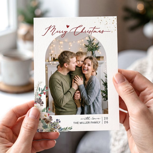 Merry Christmas Script Modern Arch Shape 4 Photo Holiday Card (Creator Uploaded)